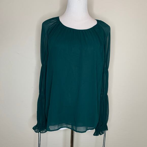 Dark Green Chiffon Blouse Gathered Bishop Sleeves Sz Medium - Picture 5 of 11